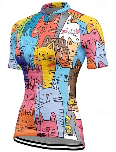  Damen Radtrikot Kurzarm Fahhrad T-Shirt Trikot mit 3 Gesäßtaschen Mountainbike MTB Atmungsaktiv Schnelltrocknend Anatomisches Design Feuchtigkeitsableitend Violett Weiß Dunkellila Katze Sport
