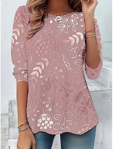 Kvinnors T-Shirt 3D Tryck Blommig Grafisk Avslappnad Lång Ärmm Crew Hals Regulerade Toppar Daglig Tryck Rosa Lila Grön Khaki Sommar Vår Höst