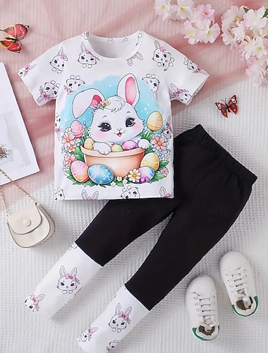  Pasqua Da ragazza 3D Pop art Coniglietto Set pigiama Set pigiama maglietta e pantaloni Manica corta Stampa 3D Estate Primavera Attivo Essenziale Bambino 4 anni + Girocollo Interni Giornaliero Standard