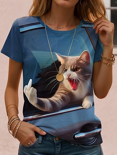  Mulheres Camiseta Animal Letra Casual Manga Curta Decote Redondo Tops regulares Diário Final de semana Imprimir Azul Azul empoeirado Cinzento Verão