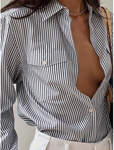  Camisa de mujer a rayas elegante casual de manga larga con cuello camisa tops regulares para uso diario botones bolsillo impresión gris verano primavera