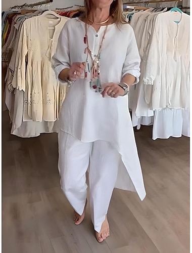  Femmes Mode Streetwear Quotidien Chemise Ensembles en coton et lin Ensembles deux pièces Pantalons à Jambes Larges manche longue Col en V Uni Occasionnel Quotidien Noir Blanche Bleu Été Coupe