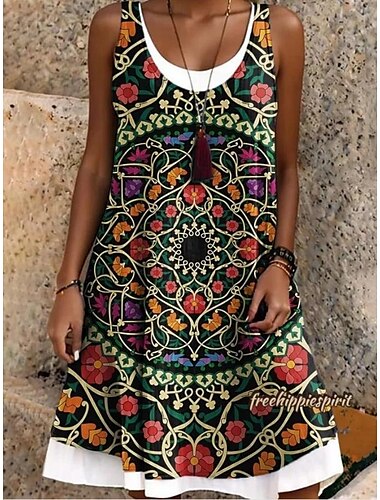  Dames Mini-jurk T shirt jurk Zonnejurk A lijn jurk Vakantie Casual Strandstijl Vakantie Normale pasvorm Paisley Tribal Mouwloos Ronde hals Zwart Licht Paars Zomer