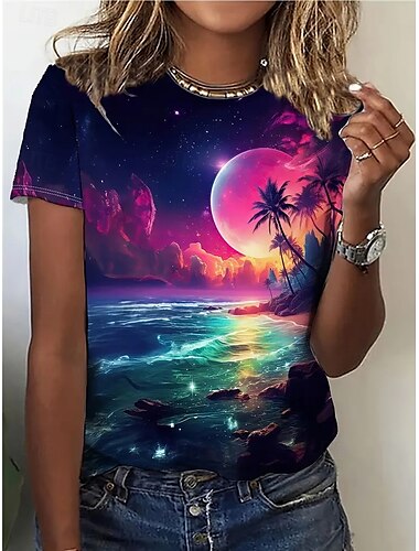  Damen T Shirt Sommeroberteile MOON Farbverläufe Klassisch Lässig Kurzarm Rundhalsausschnitt Crop Tops Täglich Wochenende Druck Regenbogen Sommer Frühling Herbst