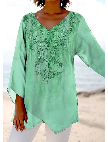  Dames Blouse Bloemig Grafisch Stijlvol Etnisch Strandstijl Korte mouw V-hals Normale tops Dagelijks Feestdagen Afdrukken Blozend Roze blauw Paars Groen Zomer Lente