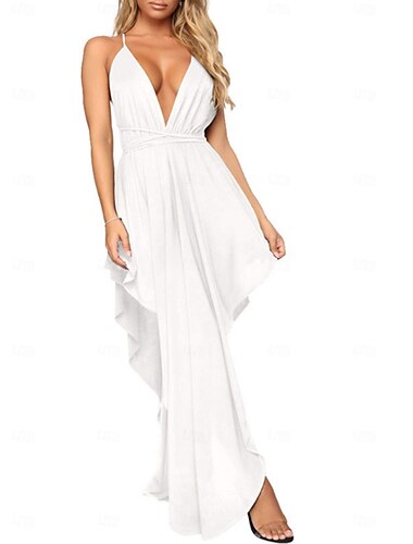  Femme robe longue robe blanche Robe d'été Robe à enfiler Robe à col licou chaud Mature robe sexy du quotidien Soirée Standard Plein Couleur monochrome Sans Manches Dos nu V Profond Noir Blanche Rose