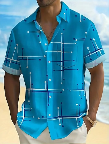  Herr Geometrisk Linje Skjorta Casual skjorta Knapp upp skjorta Kortärmad Mode Casual Semester Helgdag Streetwear Sommar Vår Nedvikt 3D-utskrift krage skjortor Främre en ficka Vit Blå Brun Grön Kaki