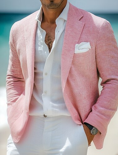  Herrlinneblazer Sportkappa Mode Casual Sommar Enfärgad Linneblazer Rosa Ljusblå Salvia Standard Passform Enknapp