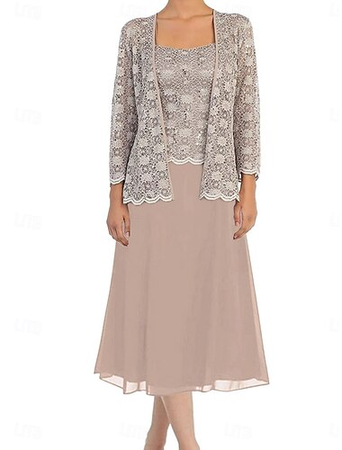  Kleid-Sets Brautmutterkleid Elegant Einfach Ein-Schulter Tee-Länge Polyester Langarm mit Spitze Einfarbig 2025