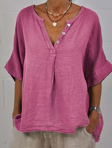  Femmes Chemise Chemisier Chemises en coton et lin Uni Basique Moderne Occasionnel Demi Manches Col en V Hauts Réguliers Quotidien Fête Sortir Boutons Noir Jaune Rose Gris Bleu clair Été