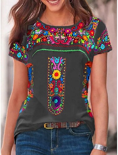  Frauen T-Shirt Landhaus Bluse Floral Bohemia Aktiv Western Kurzarm Rundhals Reguläre Oberteile Alltag Druck Schwarz Wein Blau Grau Sommer
