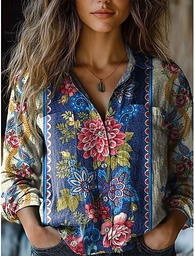  Mujer Camisa Floral Graphic Estrella Casual Manga Larga Cuello Camisero Tops regulares Trabajo Diario Botones Estampado Amarillo Rosa Azul Marino Azul Piscina Primavera Otoño Invierno