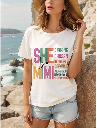  母の日 女性用 Tシャツ ハート グラフィック スタイリッシュ カジュアル 半袖 ラウンドネック レギュラートップス 日常 週末 プリント ホワイト 夏 春