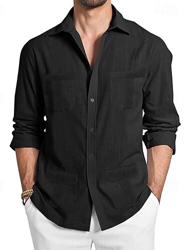  Herren Hemd leinenhemd Lässiges Hemd Knopfhemd Baumwoll-Shirt Guayabera Glatt Urlaub Hawaiianisch Schwarz Weiß Grün Aprikose Langarm Kargen Frühling Herbst Bekleidung Vordertasche