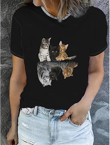  Mujer Camiseta Tops de verano Graphic Gato Clásico Casual Manga Corta Cuello Barco Tops cortos Diario Fin de semana Estampado Negro Verano Primavera Otoño