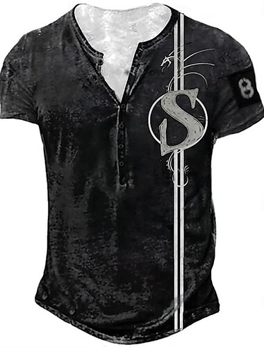  Herren Drache Letter 'S' T Shirt Henley Shirt Kurzarm Sport Modisch Designer Outdoor Strasse Täglich Sommer Dunkelgrün Dunkelbraun Schwarz Grau Henley Henley T-Shirt