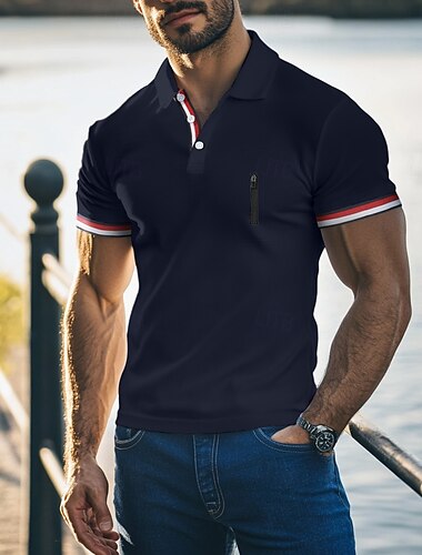  Men's Polo Golf Shirt Business Casual Classic Short Sleeve Fashion Basic Solid Color Color Block Side Pockets Front Zipper Summer Spring &  Fall Regular Fit White Navy Blue Khaki Light Blue Polo