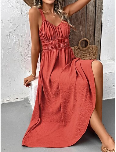  Damen Maxi Kleid A-Linien Kleid Unifarben Slip Kleid Schulterfrei Kleid Lässig Urlaub Tägliche Reguläre Passform Grafik Ärmellos Spaghetti-Träger Orange Sommer
