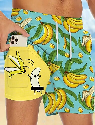  Herren Lustig Banane Gefütterte Shorts 2 in 1 Badeshorts Badeshorts Mittlere Taille Hawaiianisch Urlaub Ferien Strandbekleidung Seitentaschen Mit Kompressionsfutter Elastischer Kordelzug in der Taille