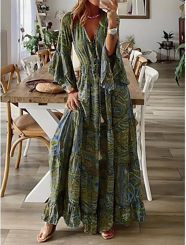  Damen Maxidress Casual kleid Schaukelkleid A Linie Kleid Boho-Kleid Brautkleider schlicht Täglich Regular Fit Blumen Langarm V Ausschnitt Rote Blau Purpur Orange Sommer Frühling Herbst