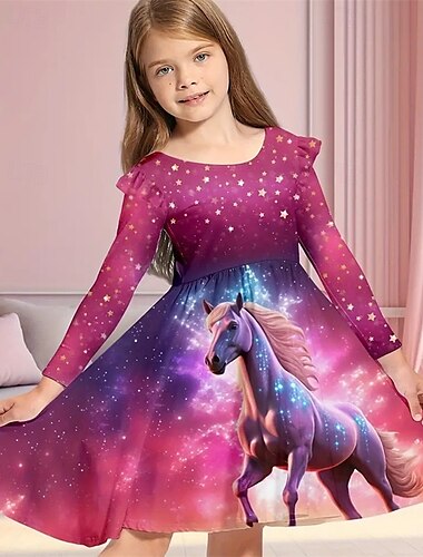  Mädchen' 3D Pferd Kleid Rüschenkleid Langarm Sommer Frühling Urlaub Täglich Ferien Prinzessin Schön Süß Kinder 4-12 Jahre Freizeitkleid A Linie Kleid Knielang Normale Passform