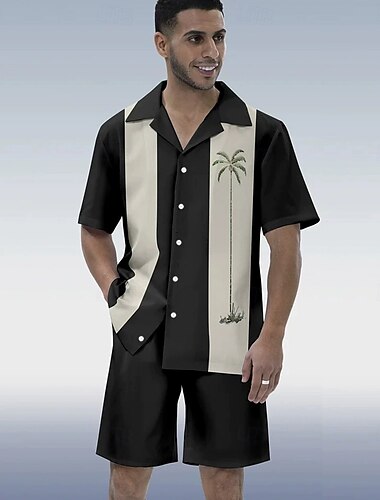  Herren Palme 2St Hemden-Sets Sommer Hawaiihemd Kurzarm Kurze Hosen Kubanisches Halsband Strandurlaub Party Lässig Täglich 3D-Druck Sommer Rubinrot Schwarz Rote