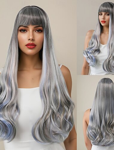  Synthetische Perücken Wellen Curly Webart Stufenhaarschnitt Mit Pony Maschinell gefertigt Perücke 28 Zoll A1 Synthetische Haare Damen Klassisch Komfortabel Farbverläufe Mehrfarbig