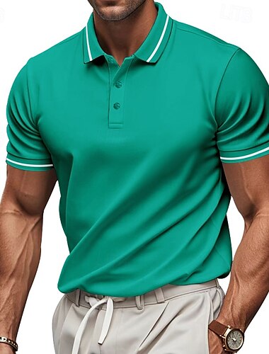  Men's Polo Golf Shirt Business Casual Ribbed Polo Collar Short Sleeve Fashion Basic Solid Color Plain Buttons Summer Spring &  Fall Regular Fit Black White Pink Red Navy Blue Royal Blue Polo