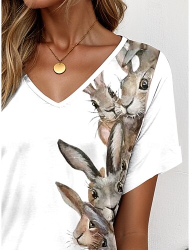  Semana Santa Mujer Camiseta Graphic Animal Elegante Vintage Casual Manga Corta Escote en Pico Tops regulares Diario Fin de semana Ropa de vacaciones Estampado Blanco Verano