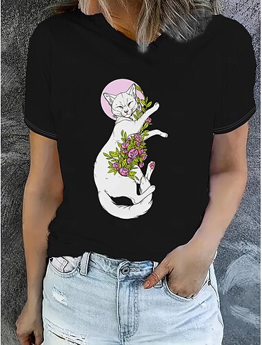  Mulheres Camiseta Tops de verão Gráfico Gato Clássico Casual Manga Curta Gola Redonda Tops curtos Diário Final de semana Imprimir Preto Verão Primavera Outono