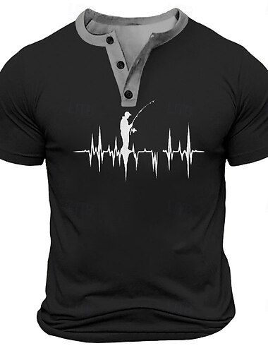  Herren Lustig Angeln T Shirt Henley Hemd Kurzarm Designer Retro Vintage Straße Lässig Täglich Sommer Frühling Schwarz Weiß Marineblau Militßrgrün Henley Henley T-Shirt