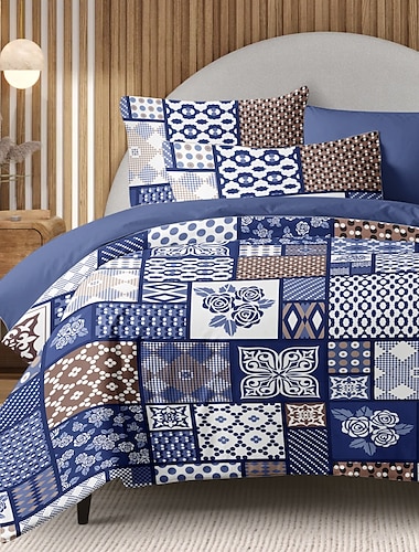  Blumen Patchwork Bettdeckenbezug Ganzes Bettset Baumwolle Bettsets Steppdecke Weicher Leichter Komforterbezug mit 2 Kissenbezügen für Sommer Frühling
