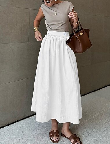  Jupes en coton et lin pour femmes, jupes décontractées, maxi, taille mi-haute, unies, froncées, micro-élastiques, vacances, rue, beige, été, mélange de lin et de coton