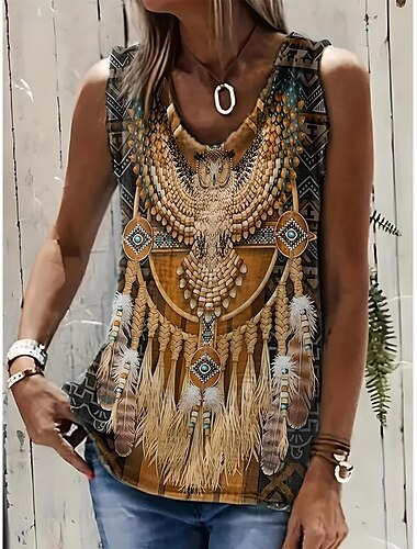  Kvinnors Spaghetti-Top Boho Tank Top Western Tank Top Blommig Grafisk Djur Bohemia Vintage Avslappnad Ärmlös U-Hals Vanliga Toppar Dagliga Semester Gå ut Tryck Svart Khaki Grå Sommar