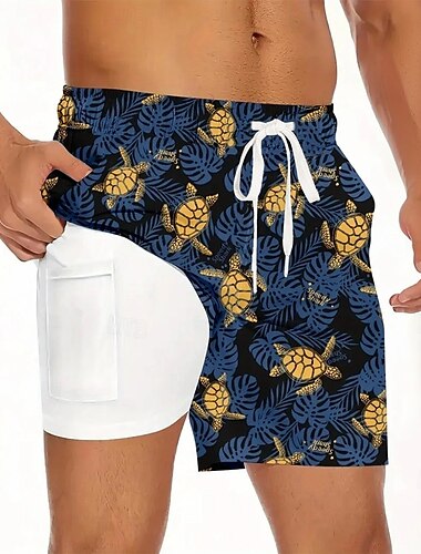 Herren Meeresschildkröte Gefütterte Shorts 2 in 1 Badeshorts Badehosen Mittlere Taille Hawaiianisch Lässig Urlaub Strandbekleidung Seitentaschen Mit Kompressionsfutter Elastischer Kordelzug in der