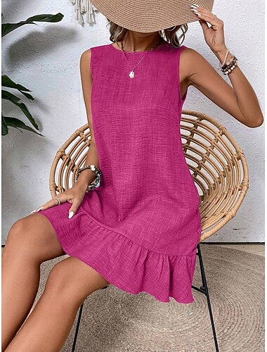  Damen Mini Kleid Off-Shoulder Kleid Lässig Outdoor Reguläre Passform Grafik Ärmellos Rundhals Blau Fuchsien Grün Aprikose Sommer