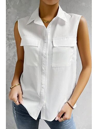  Dames Overhemd Knoop omhoog Blouse Effen Basic Modern Casual Mouwloos Overhemdkraag Normale tops Dagelijks Uitgaan Knop Zak Zwart Wit Licht Blauw Zomer