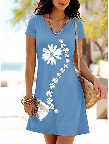  Damen Minikleid T-Shirt-Kleid A Linie Kleid Lässig Täglich Normale Passform Blumen Grafik Kurzarm Rundhalsausschnitt Rosa Blau Purpur Grau Sommer Frühling