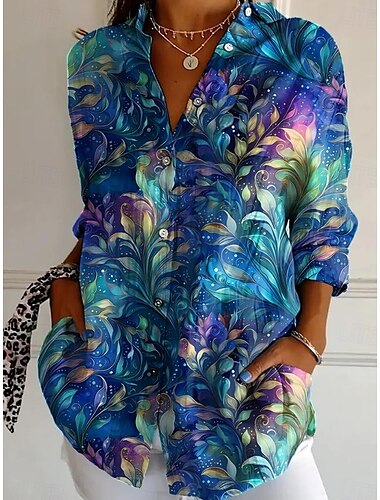  Femmes Chemise Fleuri Graphique Occasionnel manche longue Col de chemise Hauts Réguliers Travail Quotidien Boutons Imprimé Bleu Beige Printemps Automne Hiver