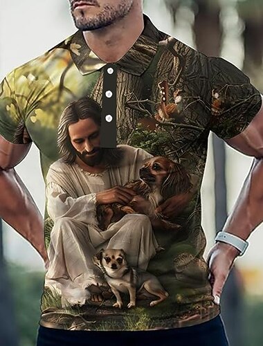  Påsk Herr Jesus Polo Kortärmad Polotröjor Skjortor med krage Ledigt Utomhus Dagliga kläder Festival outfit 3D-utskrift Sommar Vår Höst Grön