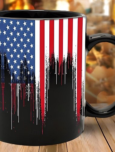  Patriotische Tasse mit amerikanischer Flagge, tropfendes USA-Flaggen-Design, schwarz, 312 ml, Kaffeetasse, Unabhängigkeitstag, Veteranen, Militärgeschenk für Männer, Frauen, Papa, Mama, 4. Juli,