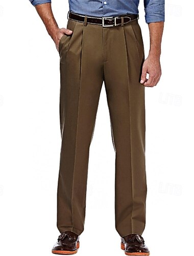  Men's Dress Pants Trousers Suit Pants Pleated Pocket Straight Leg Plain Comfort Soft Full Length Formal Business Daily Fashion Streetwear Dark Khaki Light Khaki