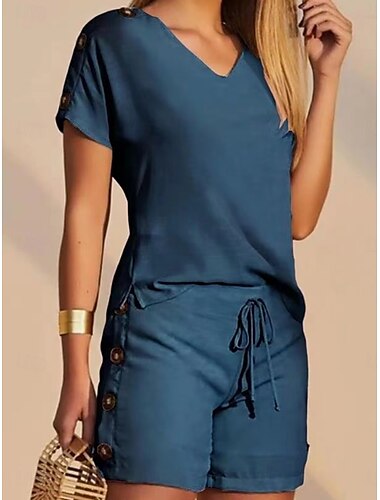  Ensembles de shorts quotidiens pour femmes en 2 pièces mode streetwear manches courtes col en V géométrique uni cordon de serrage imprimé décontracté quotidien jaune bleu orange été coupe régulière
