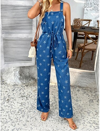  Kvinnors jumpsuit overall aktiv grafisk ärmlös vida ben rund hals dragsko hög midja semester daglig regular fit svart vit armégrön sommar