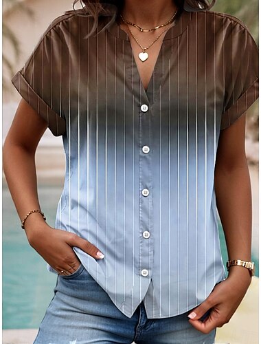  Damen Hemd Sommeroberteile Ombre Grafik Gestreift Vintage Täglich Stilvoll Kurzarm Hemdkragen Normale Oberteile Täglich Knöpfe Druck Himmelblau Khaki Sommer Frühling