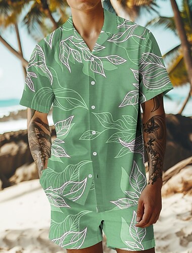  Herren Bäume / Blätter 2St Hemden-Sets Sommer Hawaiihemd Kurzarm Kurze Hosen Kubanisches Halsband Urlaub Party Lässig Strandurlaub 3D-Druck Sommer Rubinrot Grau Hellgrün