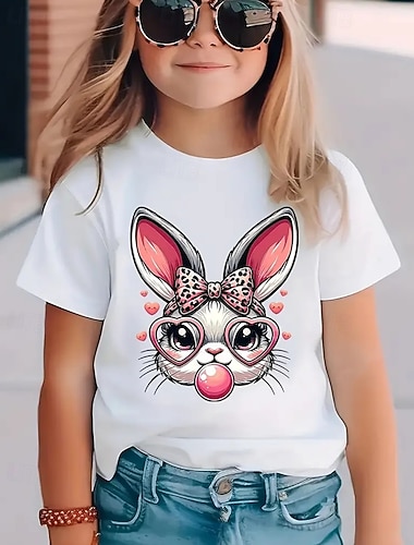  100% Cotone Bambini Ragazze Nero Bianco Coniglio Maglietta Girocollo Manica Corta All'aperto Vacanza Quotidiano Classico Casual Stampato Estate