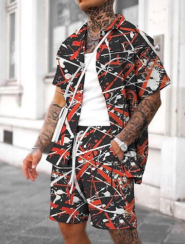  Herren Grafikdrucke Graffiti Hemden-Sets Hemd Hemd Set Sommer Hawaiihemd Kurze Ärmel Umlegekragen Mode Streetwear Designer Outdoor Straße Lässig Druck Sommer Frühling Rote Blau