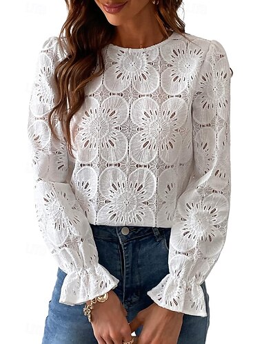  Dames Kanten overhemd Blouse Effen Actief Casual Lange mouw Strakke ronde hals Normale tops Dagelijks Feestdagen Kant Zwart Wit Blozend Roze Licht Blauw Zomer
