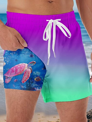  Herren Farbverlauf Meeresschildkröte Gefütterte Shorts 2 in 1 Badeshorts Badeshorts Mittlere Taille Hawaiianisch Urlaub Strandbekleidung Seitentaschen Mit Kompressionsfutter Elastischer Kordelzug in